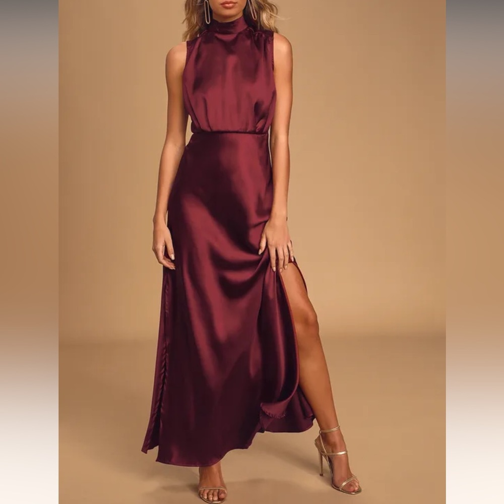 Lulus classic wine satin mock neck sleeveless maxi dress